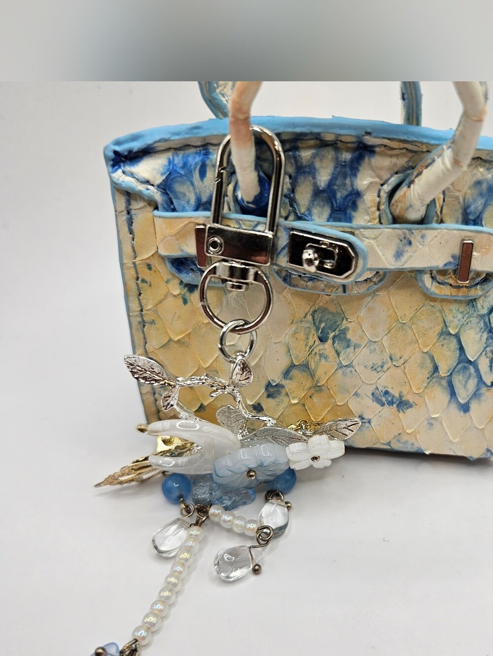 Mini Bag Charm Blue & Cream Python-Print Mini Tote with Charm